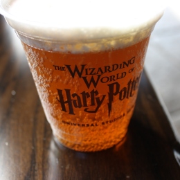 Close up of cup containing frothy yellow soft drink. Text on cup reads 'The Wizarding World of Harry Potter Universal Studios Osaka'